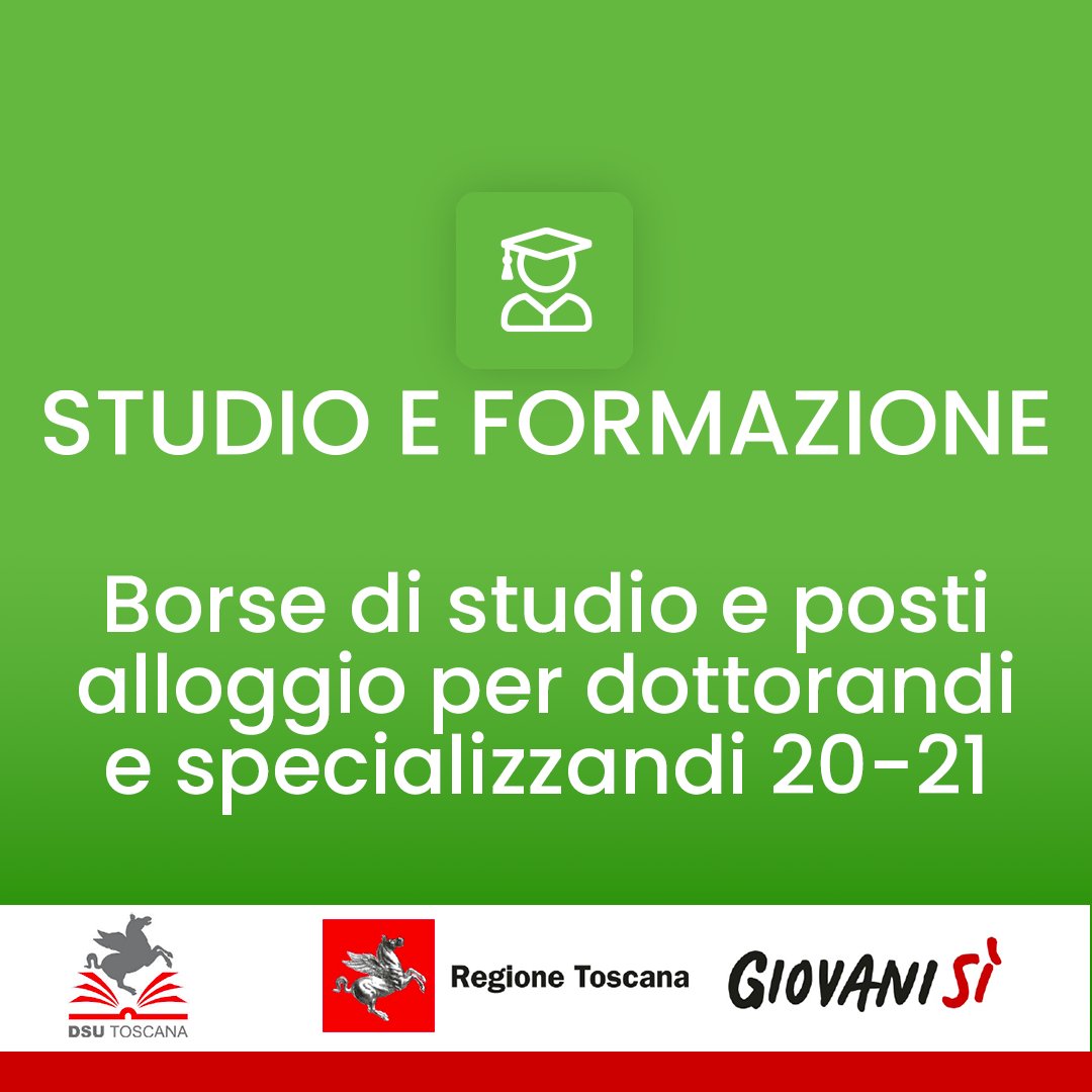giovanisi's tweet photo. La @regionetoscana nell’ambito di #Giovanisì promuove un bando per la concessione di borse di studio e posti alloggio per l’a.a. 2020/2021 rivolto a dottorandi e specializzandi. Gestito da @dsutoscana, sarà attivo fino al 16/11 ore 13. Scopri di più https://t.co/S5Z7Gi4o2N https://t.co/u7lzJVvREk