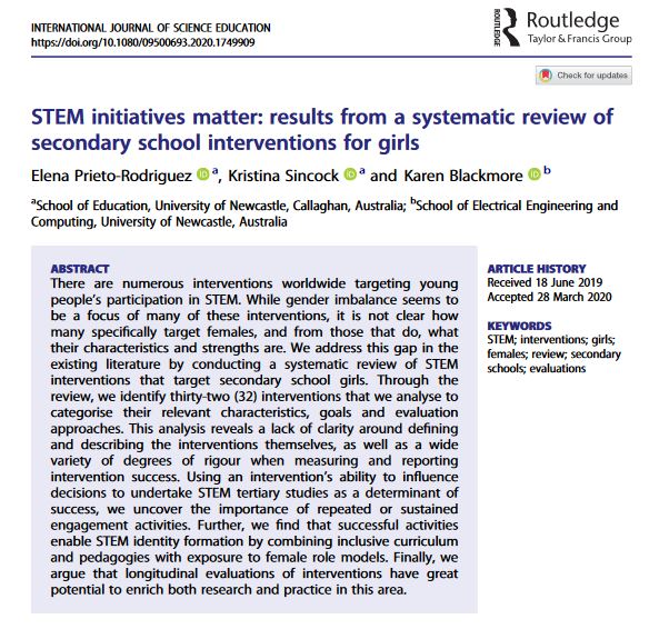 "STEM initiatives matter: results from a systematic review of secondary school interventions for girls", by Elena Prieto-Rodriguez, Kristina Sincock and Karen Blackmore https://www.genderportal.eu/resources/stem-initiatives-matter-results-systematic-review-secondary-school-interventions-girls