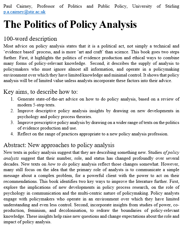 My book, 'The Politics of Policy Analysis', should be out early 2021

paulcairney.wordpress.com/policy-analysi…
