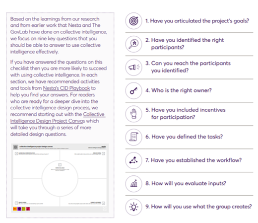 Checklist for public institutions considering developing a #collectiveintelligence project + decision tree to decide if it is the right approach for the problem you are trying to solve. 
From <a href="/TheGovLab/">The GovLab</a> <a href="/nesta_uk/">Nesta</a> report 'Using CI to Solve Public Problems' nesta.org.uk/report/using-c…