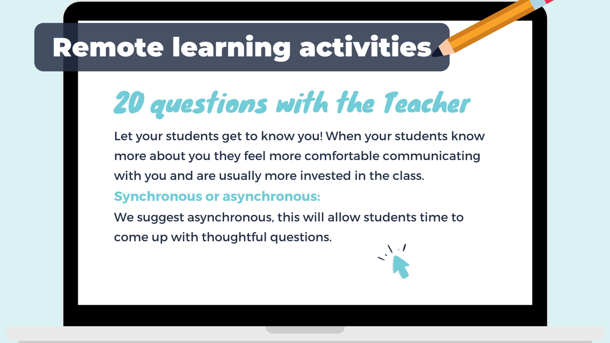 parlayideas's tweet photo. Create space for getting to know one-another. This really helps with connection even though you're doing #remotelearning.
For more activities & tips read our blog > https://t.co/NGAKb5Hns8
.
#remotelearningactivities #quaranteach #onlinelearning #teacherscan #teachersmatter https://t.co/G3gXkXI0ad