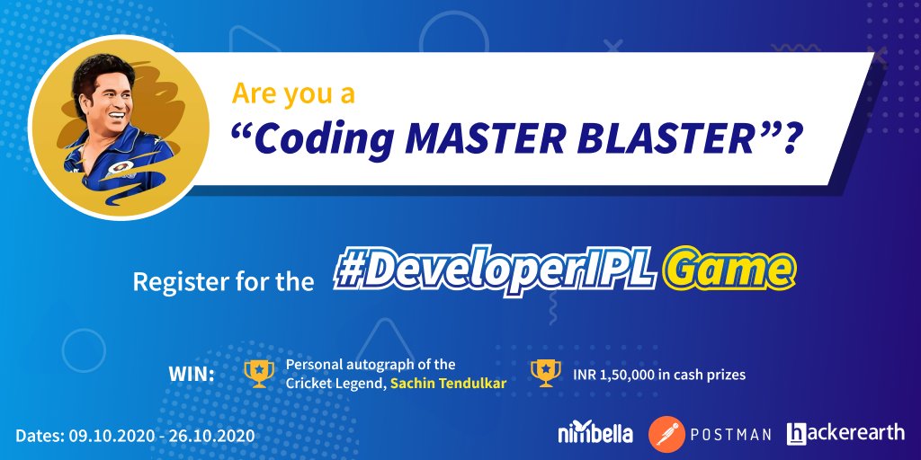 IncubateIND's tweet photo. Just 5 days left to register for the #DeveloperIPL Game and it's your chance to get recognized as a "#Coding Master Blaster" and win a personal autograph by Sachin Tendulkar and INR 1.5 lakhs in cash prizes.
Find out more details at @HackerEarth https://t.co/hf5ItfC4jl https://t.co/ti5qPABXaG