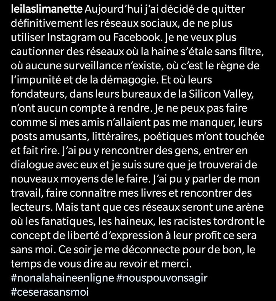 📚 #LeilaSlimani annonce qu'elle quitte les réseaux sociaux, 'arène où les fanatiques, les haineux, les racistes tord[ent] le concept de liberté d'expression à leur profit'...