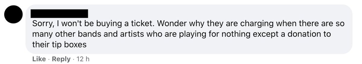 george_sansome's tweet image. A fb friend posted that they were excited to have bought an online gig ticket, and this was someone's response.

I'm not saying they have to go to a gig they can't afford or don't want to hear, but there are some things they (and others) might not have considered. (Thread)