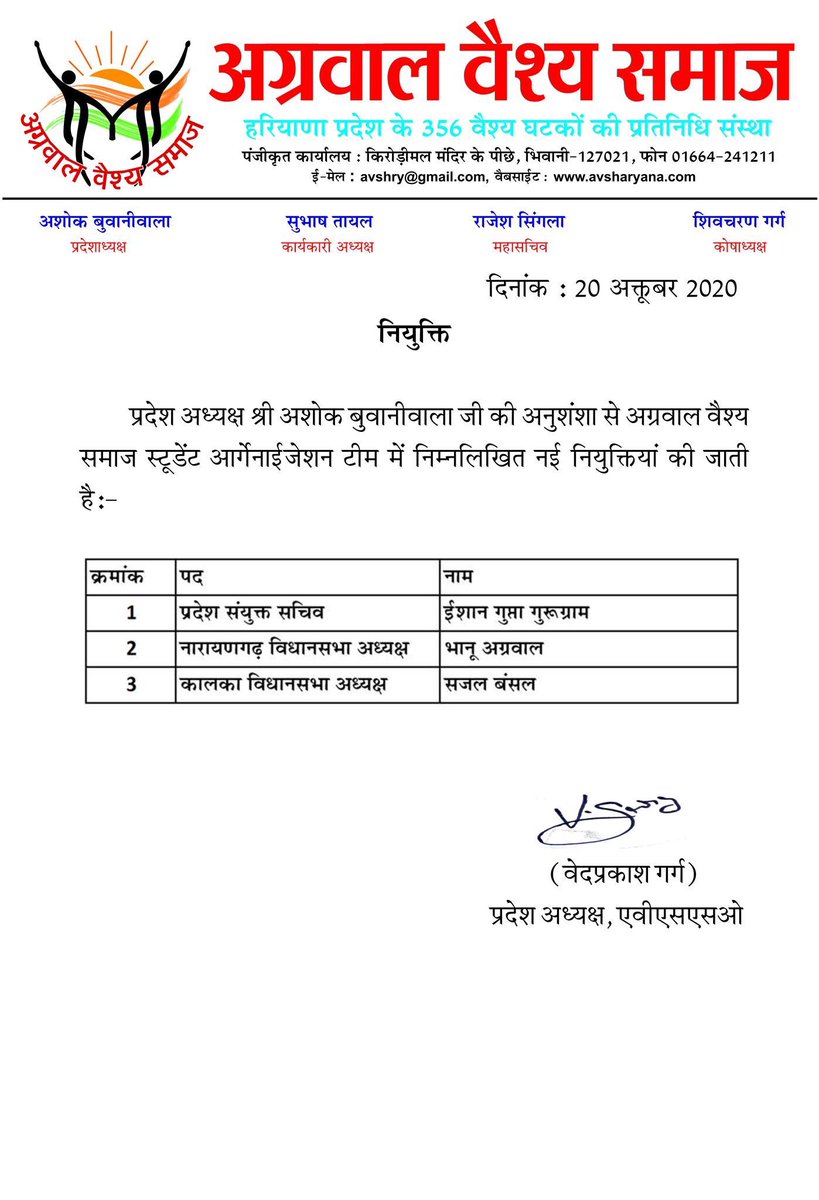 samaj_vaish's tweet photo. प्रदेश अध्यक्ष श्री @ashokbuwaniwala जी की अनुशंशा से अग्रवाल वैश्य समाज स्टूडेंट आर्गेनाईजेशन टीम में की गई नई नियुक्तियां। @Vedparkashgarg #AVSSO #Haryana https://t.co/NIz2sEUURc