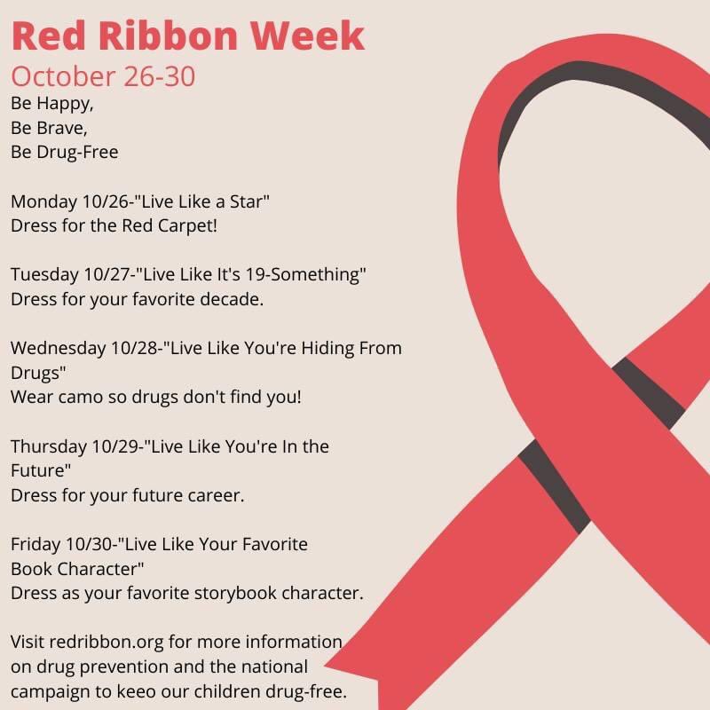 Red Ribbon Week will be next week, October 26-30. We can't wait to see what the kiddos dress up like!!!