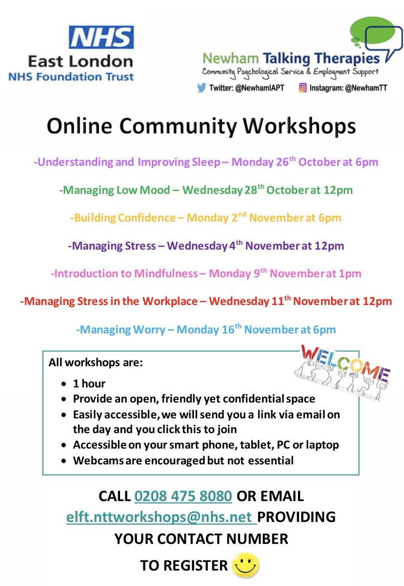 NewhamIAPT's tweet photo. Introducing our November dates for our online workshops. 

A special mention to our newest addition to the workshop series ‘Building Confidence’💫

Please see the poster below for more information. 

Call or email to register now😊

#spreadtheword #support https://t.co/JFrhw70EdO