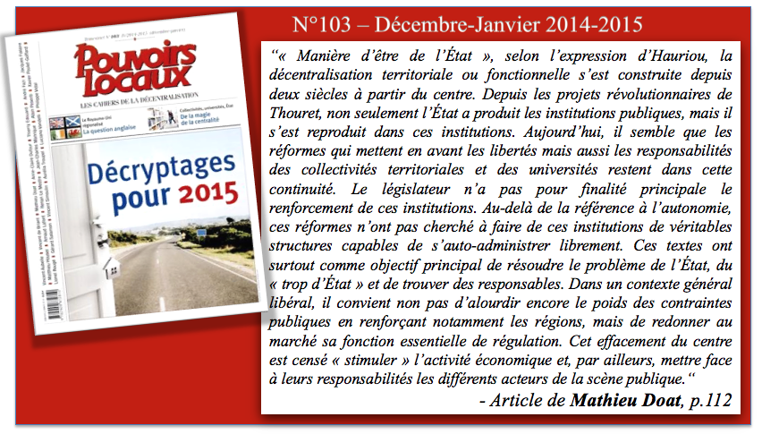 PouvoirsLocaux's tweet photo. ✒️#Extraitdelecture #PouvoirsLocaux n°103 – 2014-2015. Article de Mathieu Doat „De la magie de la centralité qui n‘en finit pas de se déployer“
#rétrospective #subsidiarité #Décentralisation #Local
📚→ Toute la collection sur -> : https://t.co/iAITHxjamc
@Territoire_Gouv https://t.co/GRGoVtRFtZ