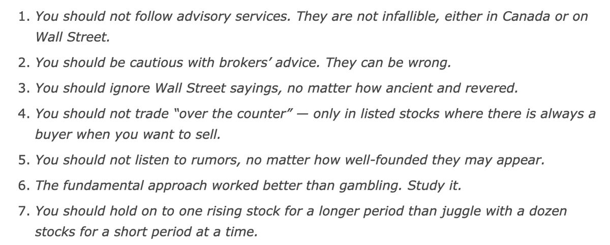 2/ Darvas' First System: The Seven RulesTired of striking out, Darvas looked to something *real*, something *tangible* ... like a stock's fundamentals. By focusing on the fundamentals, Darvas developed these Seven Rules for trading. The big realization: "Study the fundies"