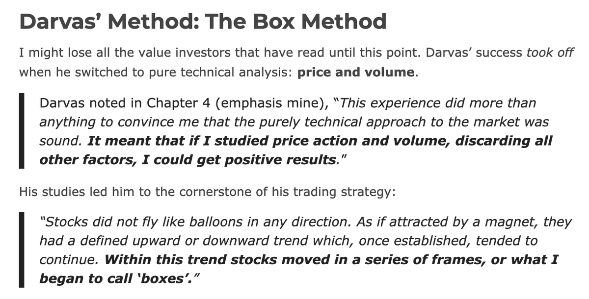 4/ Darvas' Secret: The Box MethodDespite the blow-up, one of Darvas' stocks did *really* well. In fact, it was a stock he didn't realize he had. He bought it because the price was rising on strong volume. It was then Darvas realized the power of price action and volume.