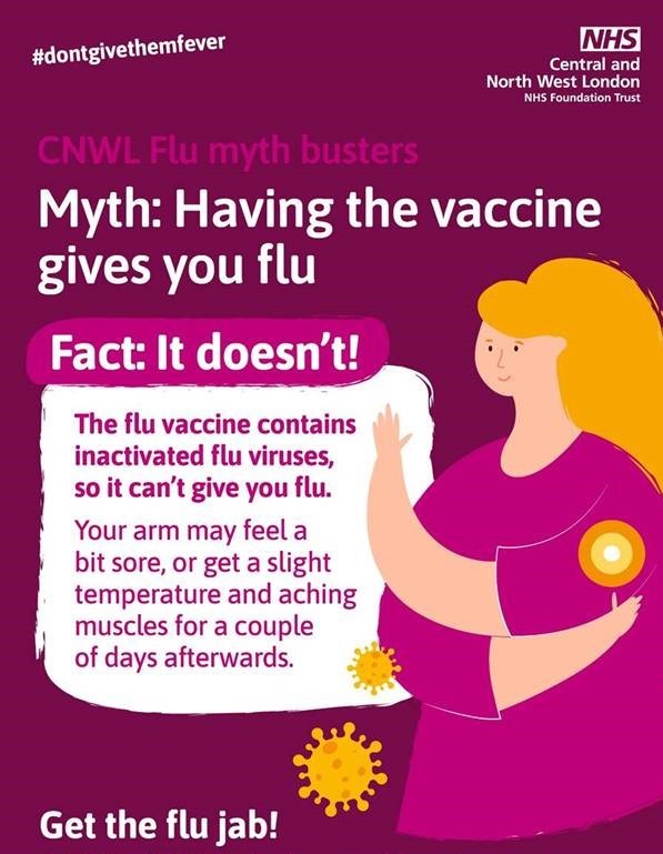 WFSPrescribing's tweet photo. Myth busting the #fluvaccination with @CNWLNHS 
#dontgivethemfever
#flujab #flujabbin #FluShot #FluVaccine #FluSeason https://t.co/DJTUhiQH6f