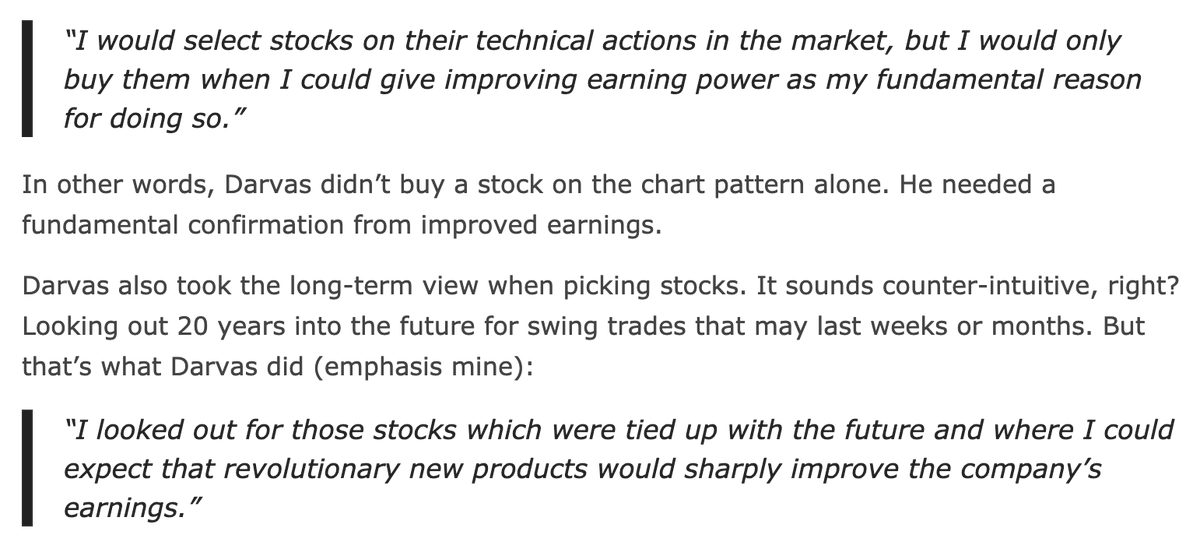 8/ Darvas' Final Form: Technicals + FundiesDarvas' final trading strategy used both technicals AND fundamentals (O'Neils CANSLIM)Here's how he did it: - He looked for stocks with great price charts- He bought breakouts if the company had strong earnings power & growth