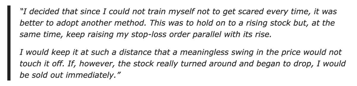 6/ Managing A "Box Method" TradeOnce in a trade, Darvas took an unemotional view to the stock. If it traded back into a previous "box", he would cut his position. If it traded up into new highs, he would trail his position with a protective stop-loss. He kept it simple.