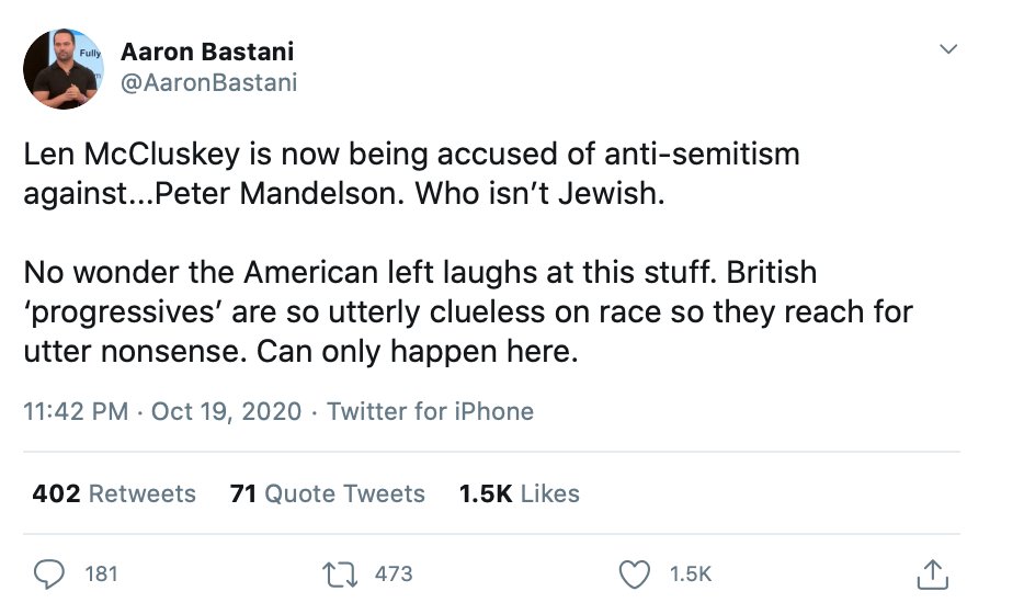 The likes of AB deciding Mandelson isn't Jewish [for political reasons.].. one would imagine he wouldn't do the same thing about a JVL member, for example, who identified as having Jewish heritage through patrilineal lines?