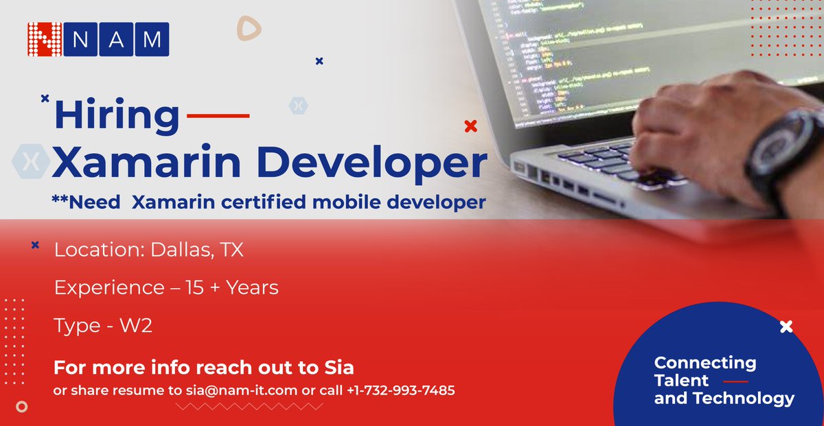 NAMINFO's tweet image. Hiring now: XAMARIN DEVELOPER
Location : Dallas, TX
Experience : 15+ Yrs
Type: W2
Please share your resume with Sia @ sia@nam-it.com
Call +1 732-993-7485
#xamarindeveloper #iOS #xamarinforms #XAML #SQLite #ReactiveExtensions #AzureDevOps #Xamarincertifiedmobiledeveloper #MVVM