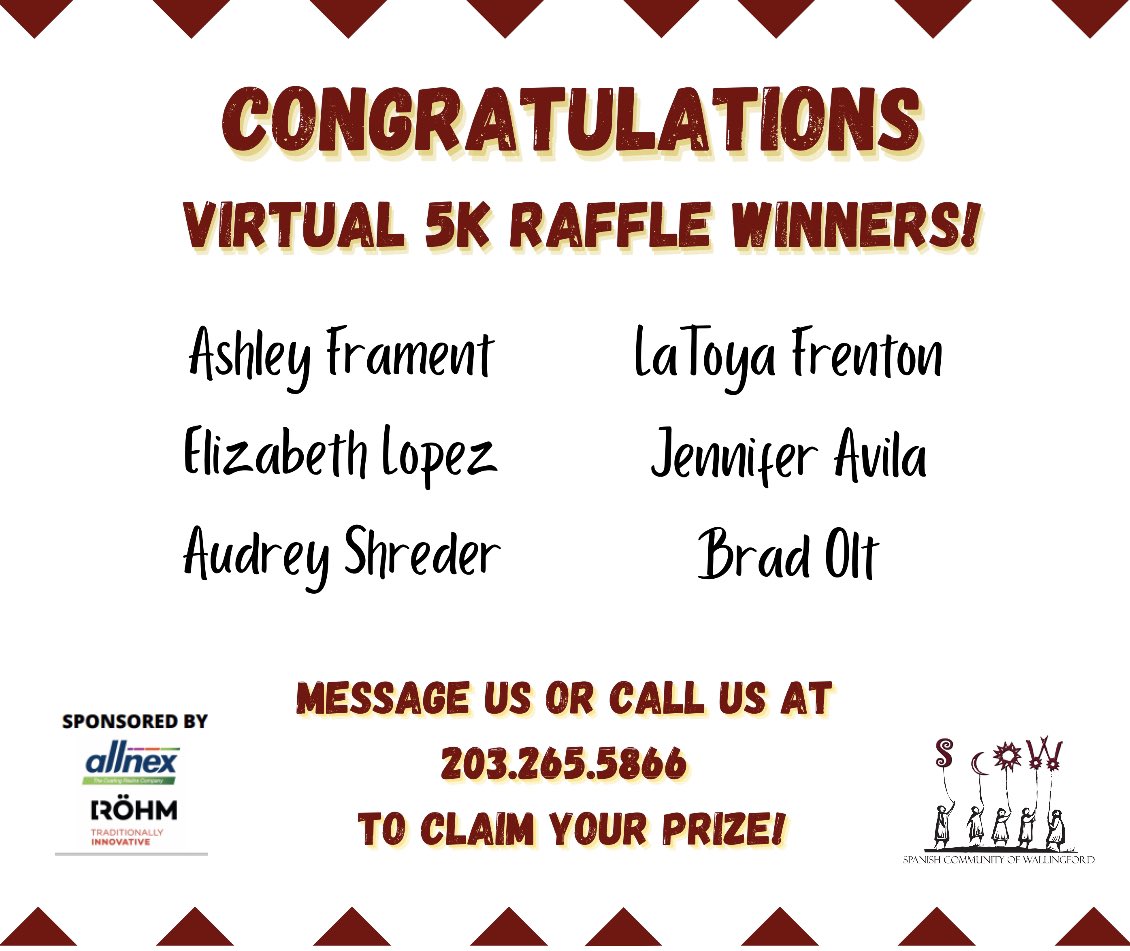 And our virtual 5K raffles winners are...

#SCOW5k  #allnexWallingford #RöhmWallingford #movingforwardtogether 
#movingforwardjuntos #SCOWallingford  #strongertogether