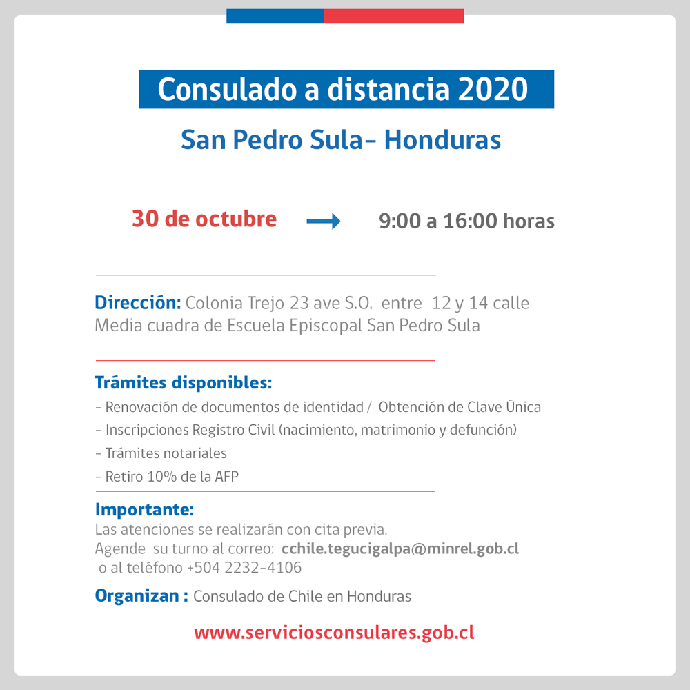 Si estás en San Pedro Sula 🇭🇳, no te pierdas el Consulado a distancia 

 🗓️Viernes 30 de octubre
⏰ Horario: 9:00 a 16:00 hrs.

📲Agenda tu cita en bit.ly/37vB8ue