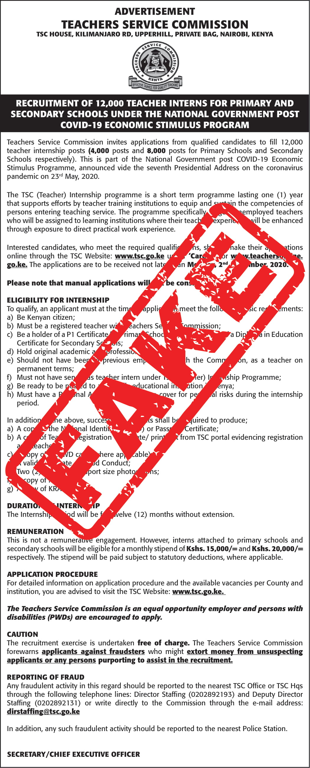 Tsc We Advise Teachers And The General Public To Ignore A Fake Jobs Advert About 12k Intern Jobs That Is Circulating On Social Media Tsc Will Communicate Through Its Official Channels When New Jobs Arise T Co Anph1rnxns