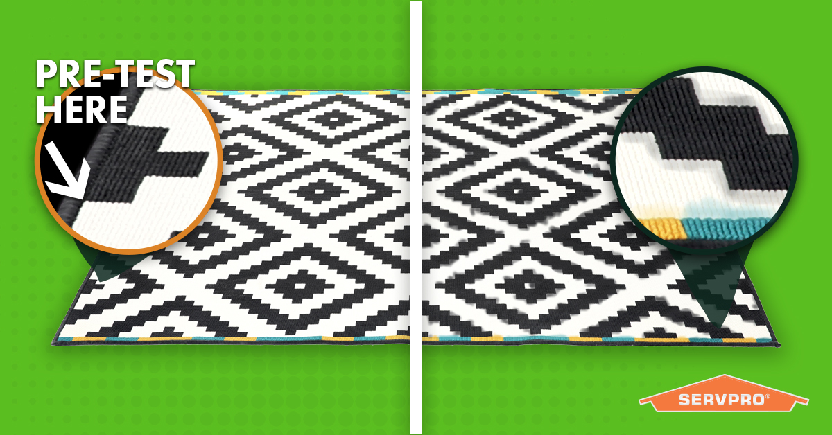Avoid disaster. New rugs are often treated with a chemical wash to brighten colors. If a chemical wash was too strong, it could loosen the dye and wash out. Pre-test a small area to avoid a big problem.

#SERVPROclean #SERVPROtips