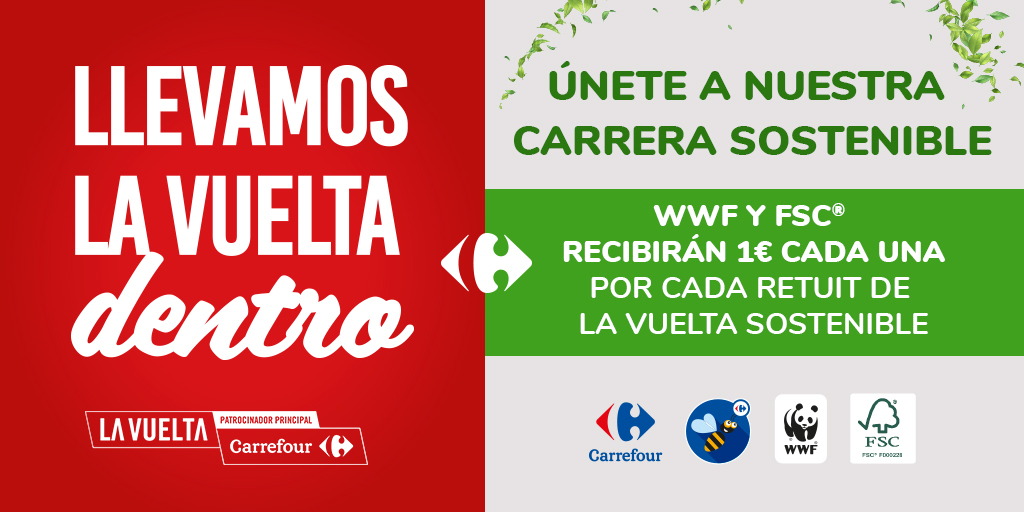 ¡Arranca nuestra Vuelta Tuitclista!
Pedalea por la naturaleza haciendo RT de este tuit. Por cada retuit, donaremos 1 € a <a href="/WWFespana/">WWF España 🐼</a> y a <a href="/FSC_Spain/">FSC España</a> para la recuperación de varios espacios naturales en España.
 👉bit.ly/3j5AeqI
#KMSostenibleCarrefour
#CarrefourConLaVuelta