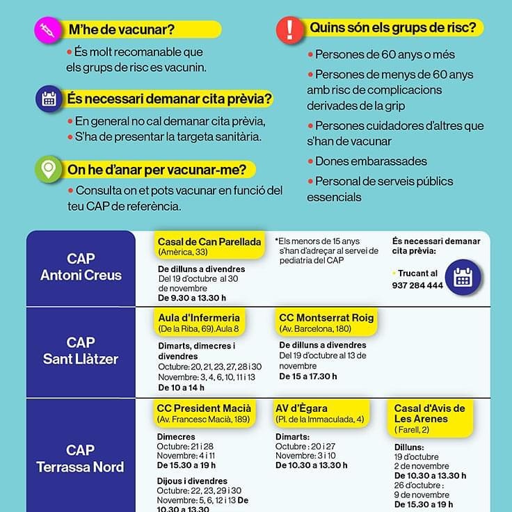 Els usuaris del CAP Antoni Creus hem de demanar cita prèvia per vacunar-nos de la grip.
.
☎️ 9372844444