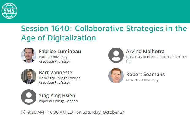 Please join <a href="/robseamans/">Rob Seamans</a> <a href="/YingYingHsieh/">Ying-Ying Hsieh</a> Arvind Malhotra, Bart Vanneste, and I to discuss the implications of digitalization on collaboration. Saturday, Oct 24 at 9:30am EST (1:30pm UTC) #SMS2020 <a href="/Strategic_Mgmt/">Strategic Management Society</a> strategicmanagement.net/virtual/tools/…