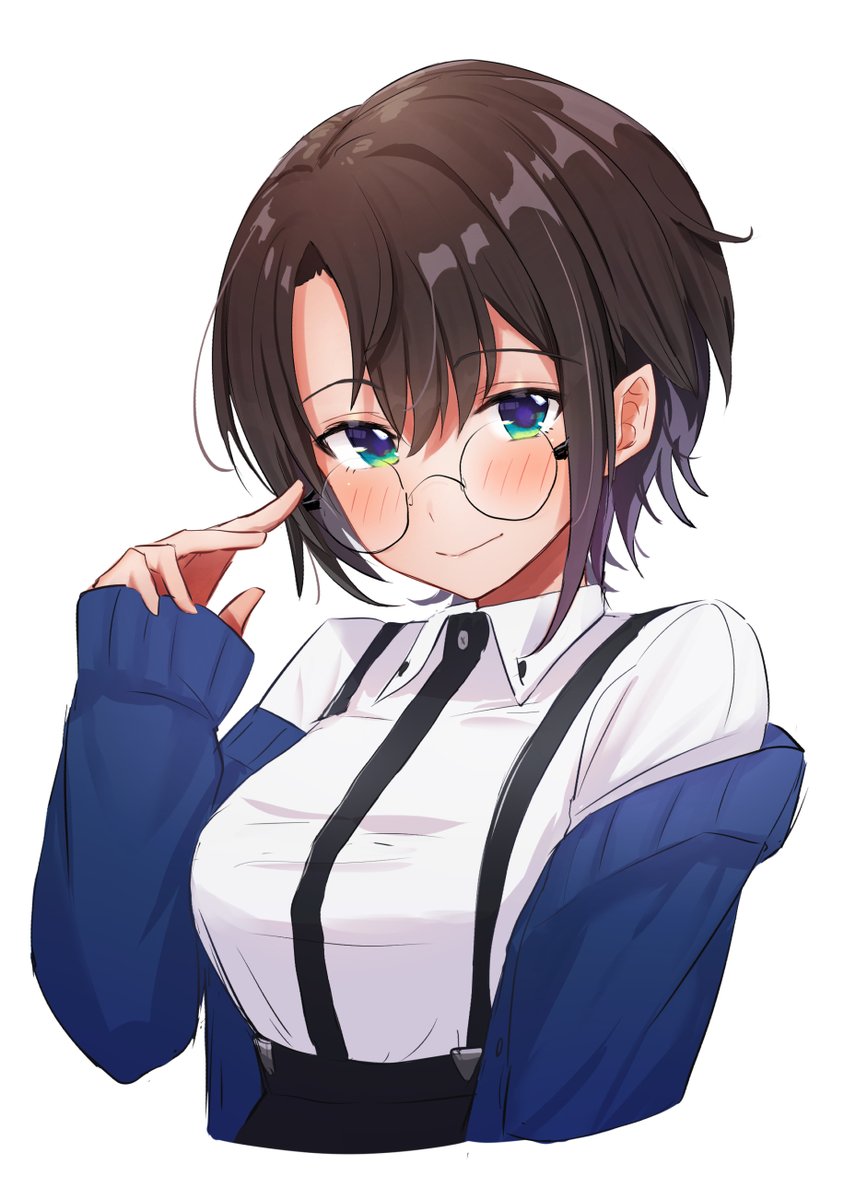 oozora subaru 1girl solo glasses short hair shirt bangs suspenders  illustration images