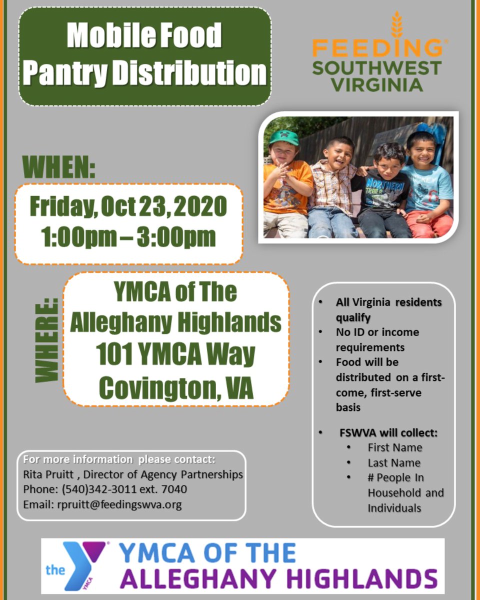 We are #excited to announce another pop up #mobile #food distribution this #Friday, #October 23 in Covington, Virginia .  This is a drive through no touch process. No pre-registration required. #rainorshine #event. Please #share so that someone in need of #food can get #help!