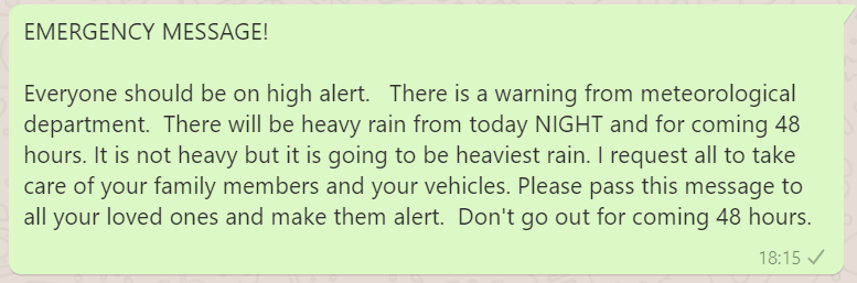 vivekcochin's tweet photo. @metcentrehyd Sir though I rely on IMD site for any warning but just wanted to check if any authenticity in this attached whatsapp message
#HyderabadFloods #HyderabadRain #Rain https://t.co/vlB4MARrp7