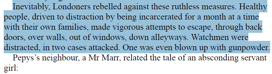 Reading about the Great Plague of London (1665). Similar to today: Citizens ignoring curfews, misplaced optimism, neglect of elderly.