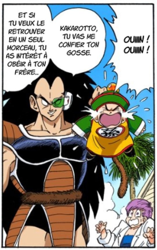 Quelques pages après la menace est renforcée par l'impuissance de Piccolo face à Raditz. Krillin confirme ça après l'explication sur les saiyans et Raditz prouve une fois de plus sa cruauté, Goku se fait one-shot. La tension est déjà plus que présente en 2 chapitres.