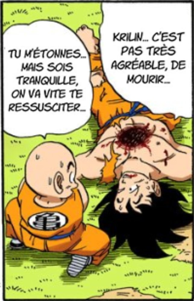 S& #39;en suit le combat, Goku est obligé de se sacrifier pour pouvoir vaincre l& #39;ennemi. Il est annoncé dès le départ que Goku sera ressuscité, le lecteur n& #39;est pas triste et c& #39;est bien normal, Toriyama en est parfaitement conscient et rend la scène banale.