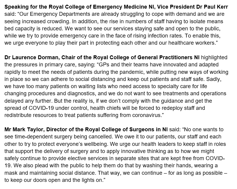 Royal Colleges in NI have issued a joint statement urging the public to follow public health advice &amp; thus help contribute to the protection of elective health services this winter 

Statement below from <a href="/laurence903/">Laurence Dorman</a> @VP_NI_RCEM <a href="/markataylor16/">Mark A Taylor</a> &amp; Hamish Courtney