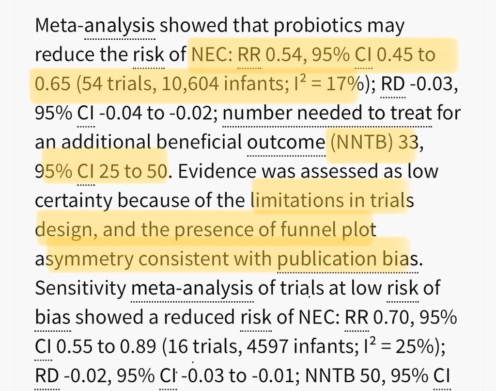 Cochrane review is out - Authors are not convinced that  #probiotics are helpful in preterm infantsIt says “large RCTs are needed..,” despite 56  #RCTsWould you agree w/ them knowing that the effect size is substantial & confidence limits are tight w/ large population  @EBNEO