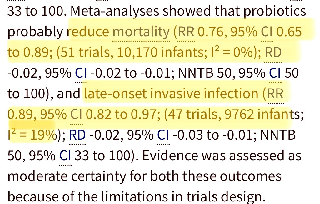 Cochrane review is out - Authors are not convinced that  #probiotics are helpful in preterm infantsIt says “large RCTs are needed..,” despite 56  #RCTsWould you agree w/ them knowing that the effect size is substantial & confidence limits are tight w/ large population  @EBNEO