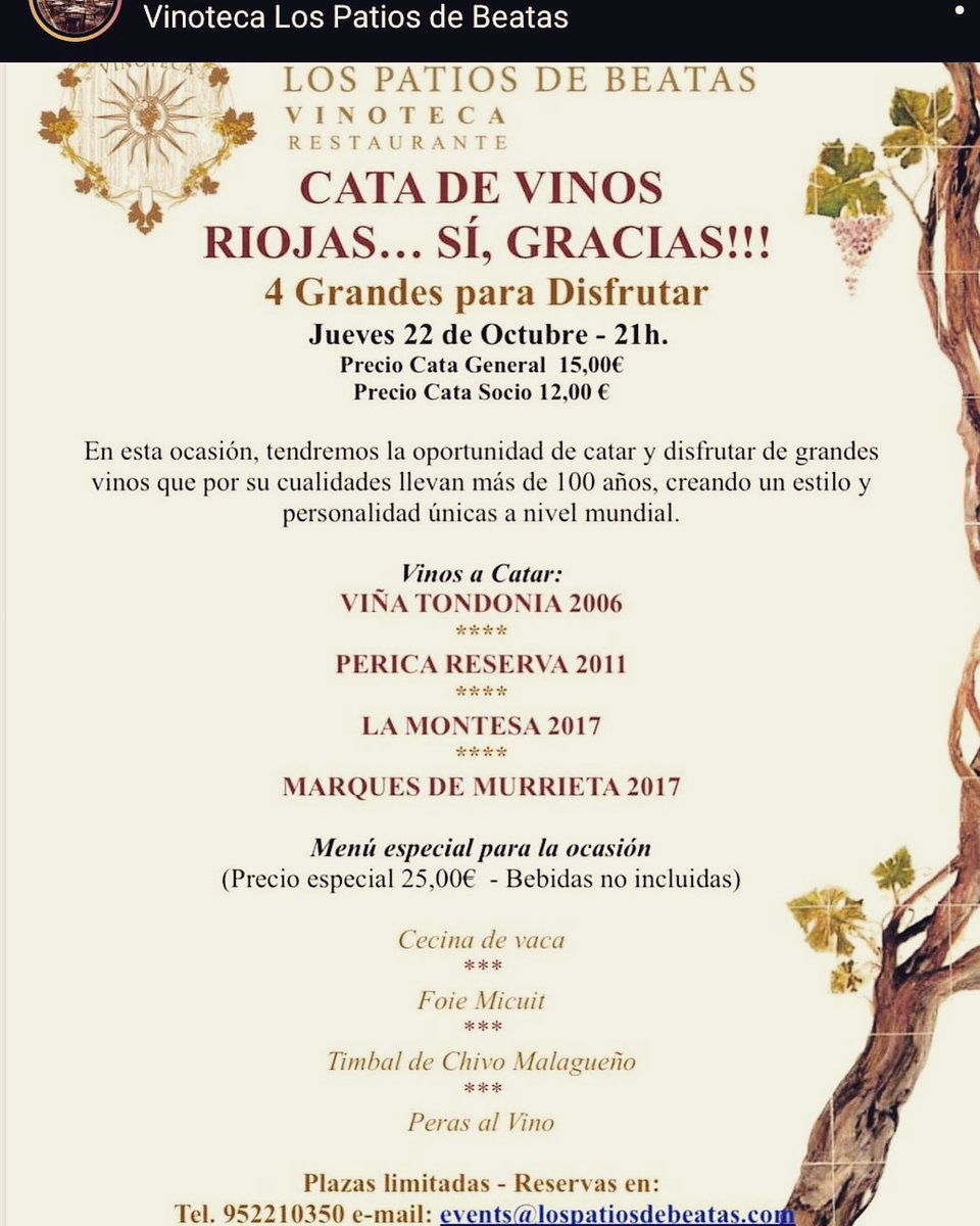 Gran cata este jueves en Vinoteca Los Patios de Beatas, Málaga. Con Bodegas de Rioja Centenarias en la que participamos con nuestro Perica Olagosa Reserva 2011.