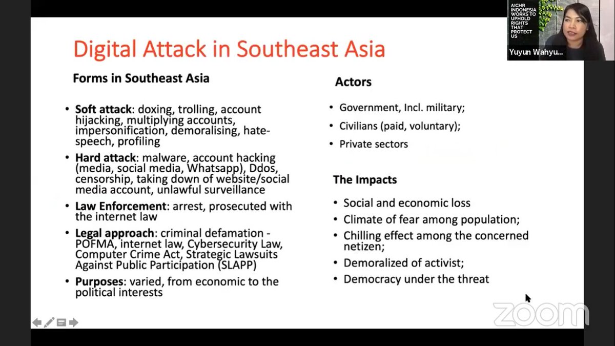 [BREAKING] Yuyun Wahyuningrum, perwakilan Indonesia di ASEAN Intergovernmental Commission on Human Rights (AICHR): "Serangan digital yang mengancam kebebasan berekspresi dan kebebasan pers juga terjadi di negara-negara Asia Tenggara."