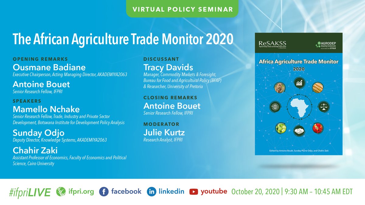  #HappeningNow:  #IFPRIPolicySeminar co-hosted by  @AKADEMIYA2063, “The African Agriculture Trade Monitor 2020”  #2020AATM Watch  #ifpriLIVE here: http://bit.ly/AATMReport2020  http://bit.ly/IFPRILiveFBGroup http://bit.ly/ifpriYT  http://bit.ly/ifpriLI 