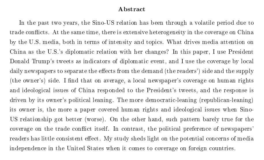 Meng WuJMP: "Readers vs Owner? What drives U.S. media attention onChina during the Sino-US trade conflict"Website:  https://wumengecon.github.io/ 