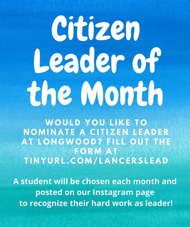 LongwoodOma's tweet photo. @LancersLead is now accepting nominations for 'Citizen Leader of the Month'! Nominate a student you believe has been a Citizen Leader here at Longwood! 

https://t.co/A0AvMz7b3C

#CitizenLeader #LongwoodUniversity #WoodULead https://t.co/6hzCYYr6bx