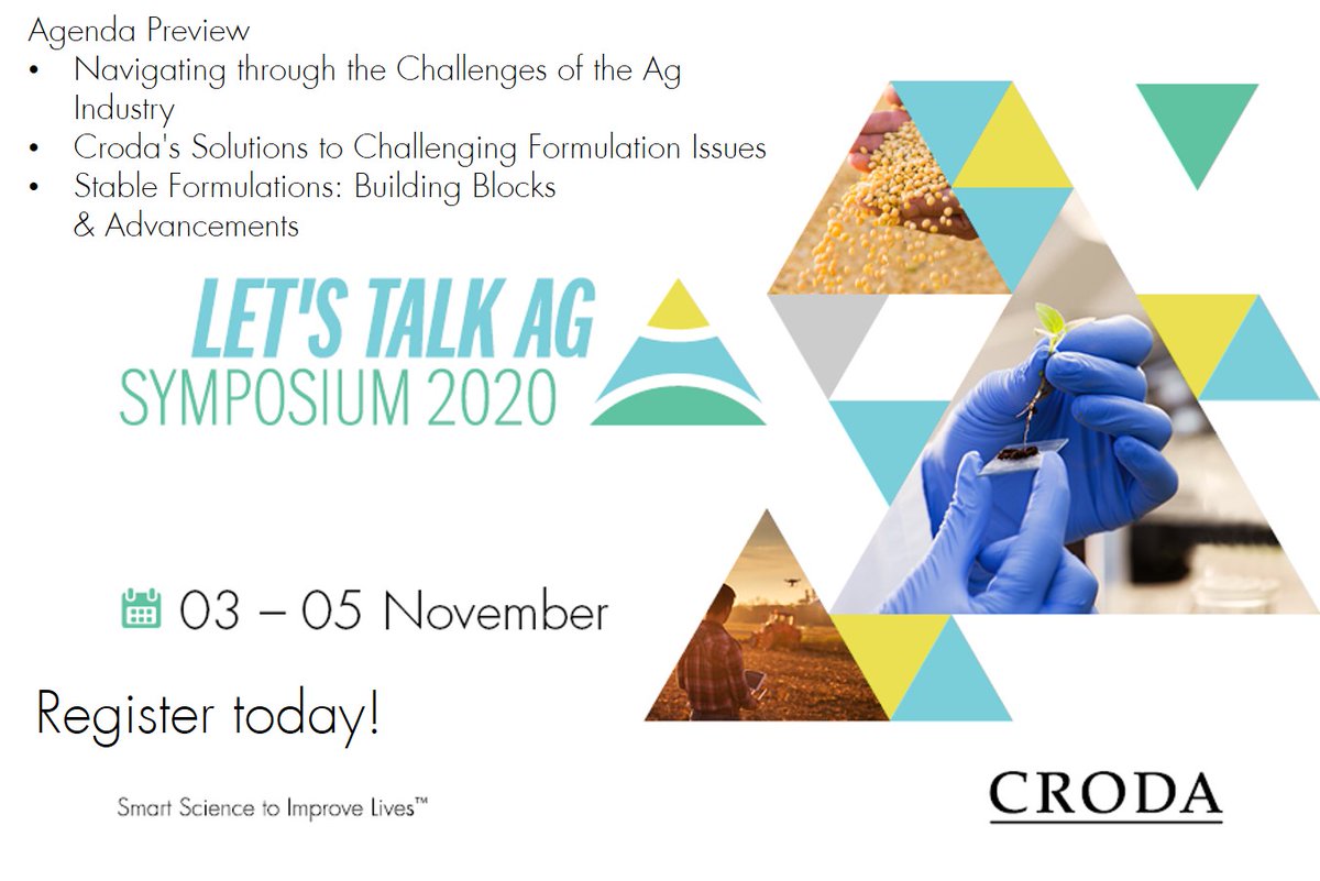 Please join us on 03 - 05 November for the Let's Talk Ag Symposium 2020!

Our global technical leaders and formulation specialists will join forces throughout our 3 day virtual event to discuss agrochemical industry trending topics.

Register here: bit.ly/35iJliH