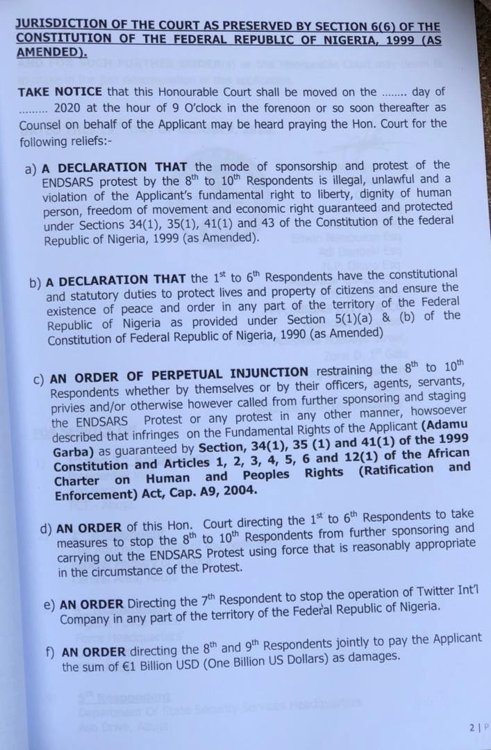 adamugarba's tweet image. Dear @jack,

Here’s your motion of notice, a fine of $1Bn dollars in favour of Federal Republic of Nigeria, as a compensation for lost of lives, properties &amp;amp; convenience as a result your active support for funding of #EndSARS after the issues is been attended to by the Government