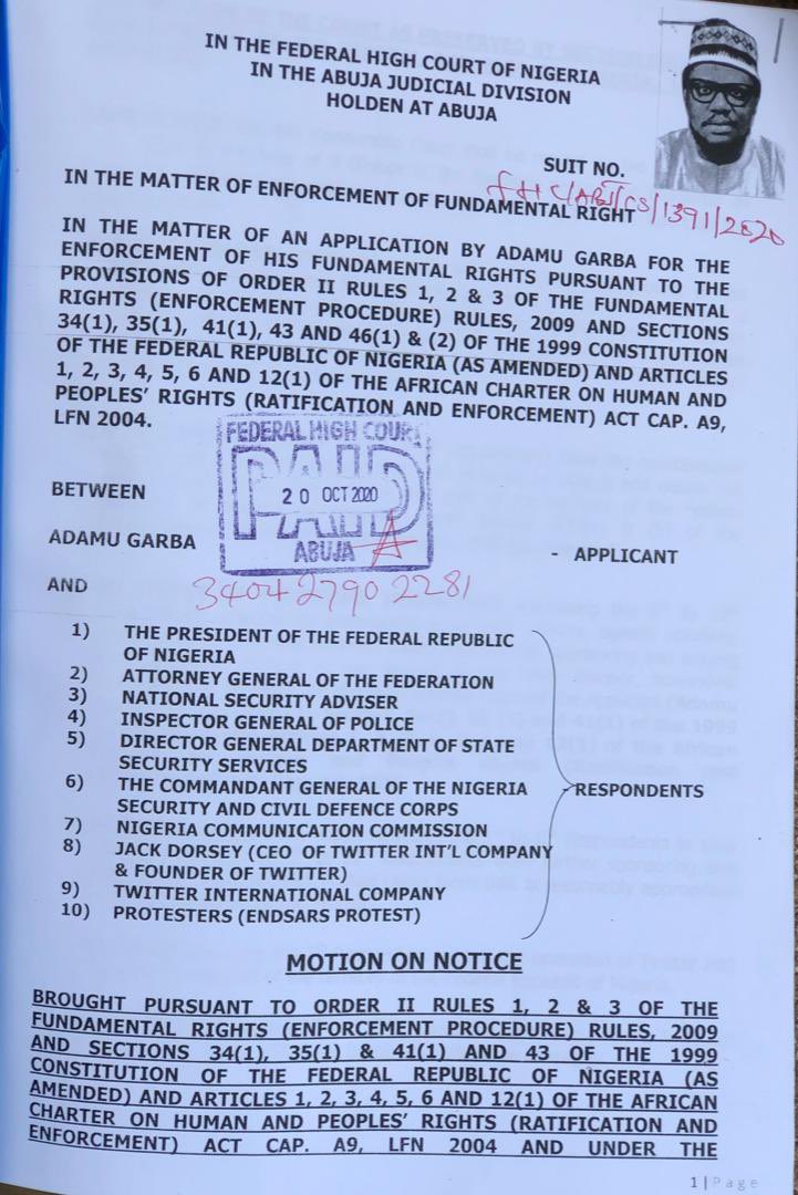 adamugarba's tweet image. Dear @jack,

Here’s your motion of notice, a fine of $1Bn dollars in favour of Federal Republic of Nigeria, as a compensation for lost of lives, properties &amp;amp; convenience as a result your active support for funding of #EndSARS after the issues is been attended to by the Government