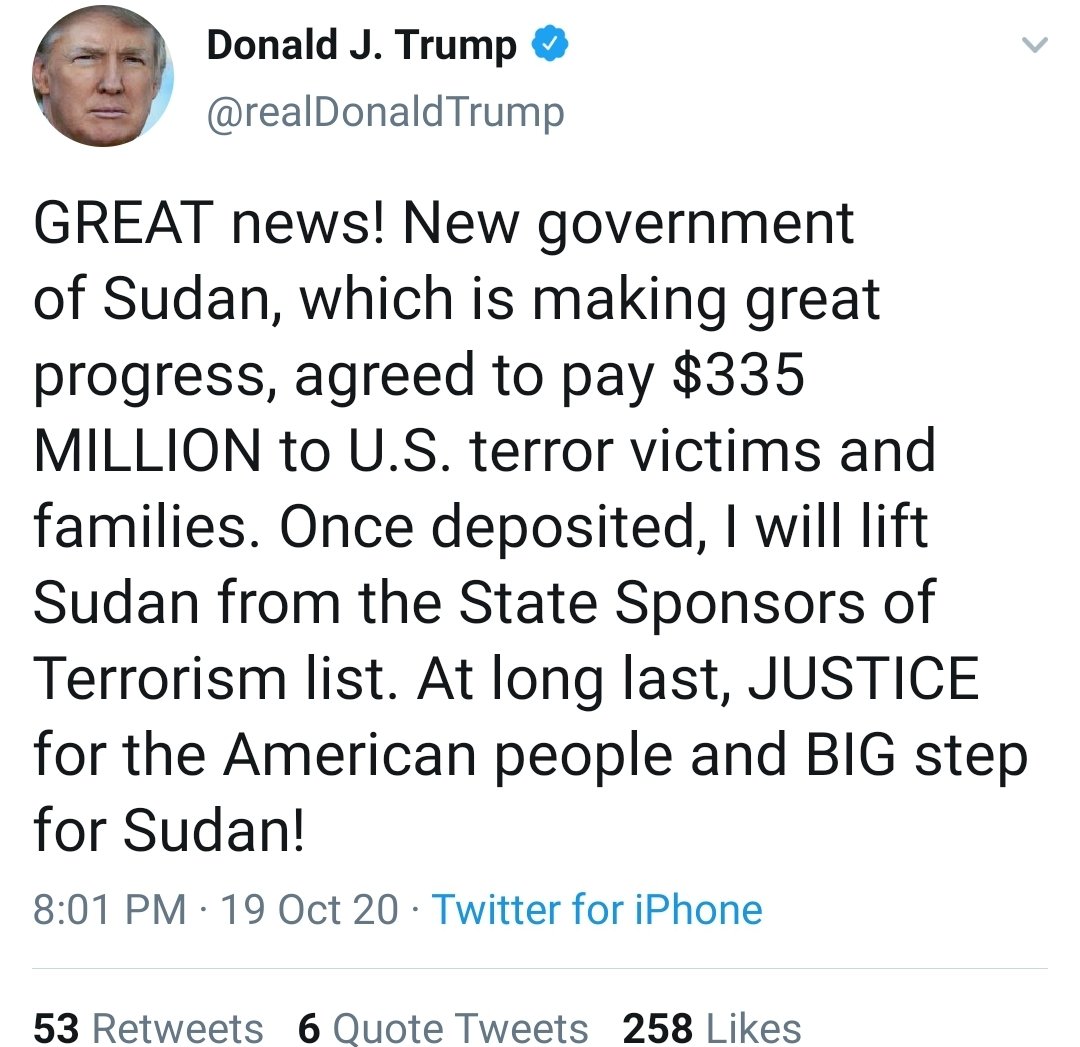  @Twitter  @TwitterMENA  @TwitterSupport  @verified  @TwitterGov  @jack  @yoyoel  @nickpickles  @GeorgeSalama  @megodoyle We recently had 2 major developments 1) Peace deal 2) Announcement by  @realDonaldTrump that he intends to remove Sudan from list of states that sponsor terrorism