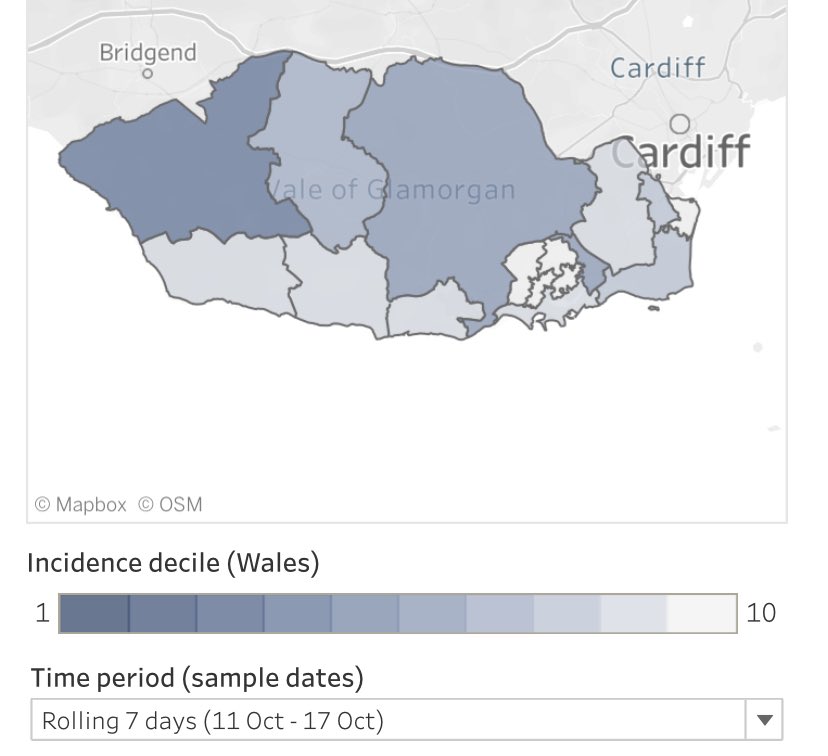 Starting with the Vale of Glamorgan. The highest in the county is in Ogmore-by-Sea & Llandow where there have been 9 cases over the past 7 days.