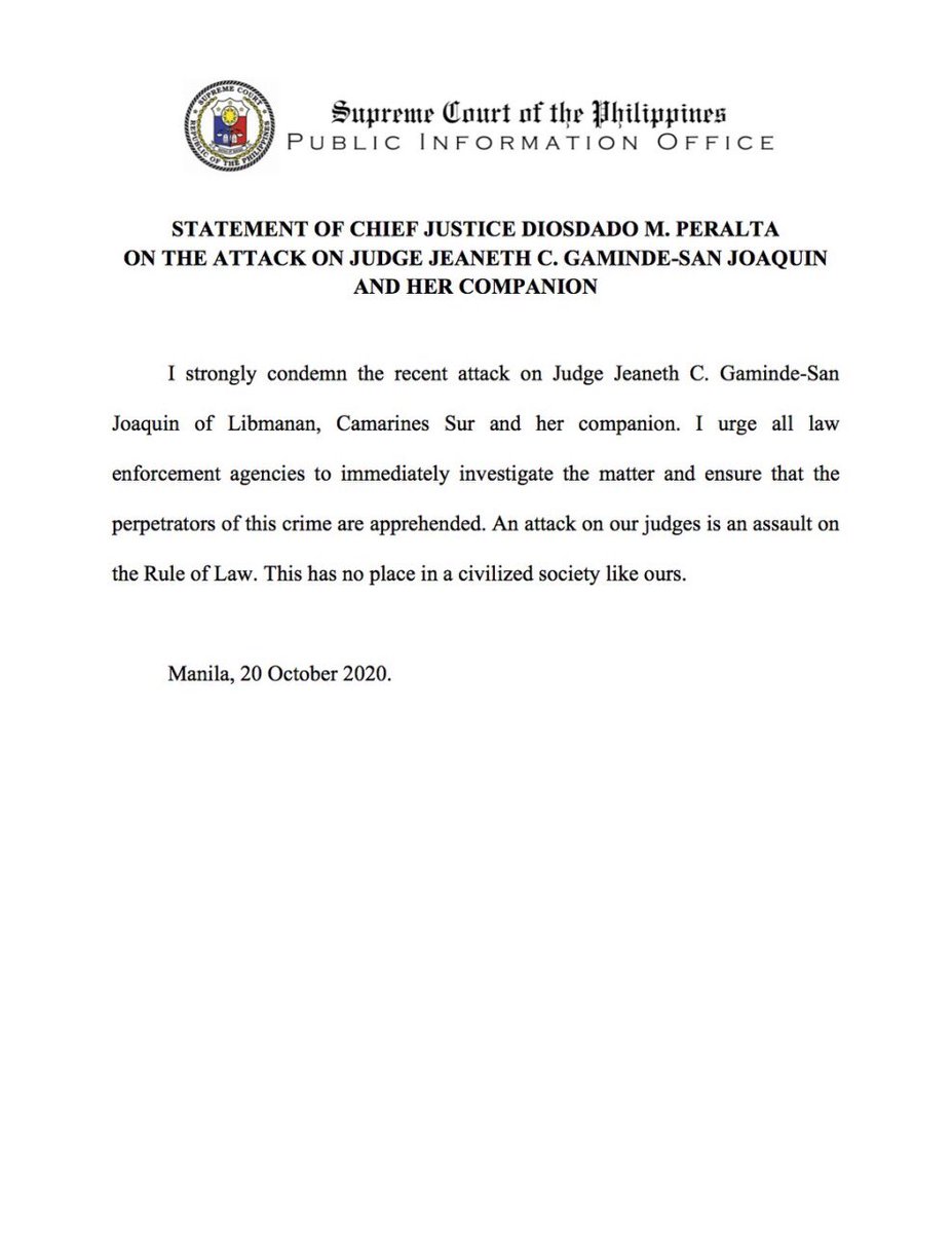 SCPh_PIO's tweet photo. Statement of Chief Justice Diosdado M. Peralta on the Attack on Judge Jeaneth C. Gaminde-San Joaquin and her Companion https://t.co/bXfiAQDyET