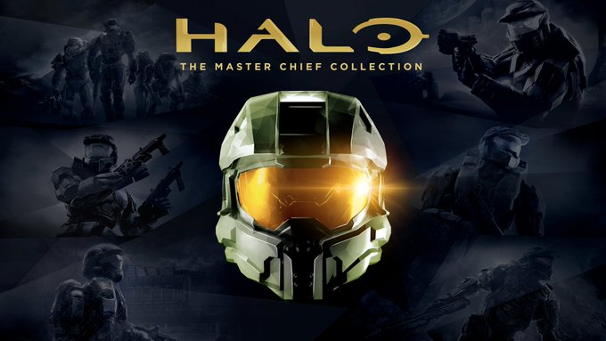 The green helmet of Master Chief is surrounded by faded imagery of Master Chief. Above the helmet has text that reads "Halo: The Master Chief Collection."