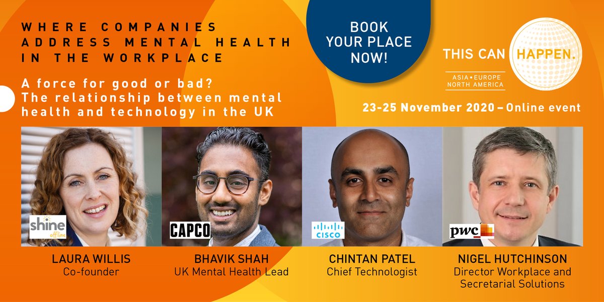 Join us for this session on the relationship between #mentalhealth &amp; #technology as part of #ThisCanHappen2020, featuring:

Laura Willis - <a href="/shineoffline/">Shiny Happy People</a>
Bhavik Shah - <a href="/Capco/">Capco</a>
Chintan Patel - <a href="/Cisco/">Cisco</a>
Nigel Hutchinson - <a href="/PwC/">PwC</a>

View the full agenda here: clikhe.re/38s4hg