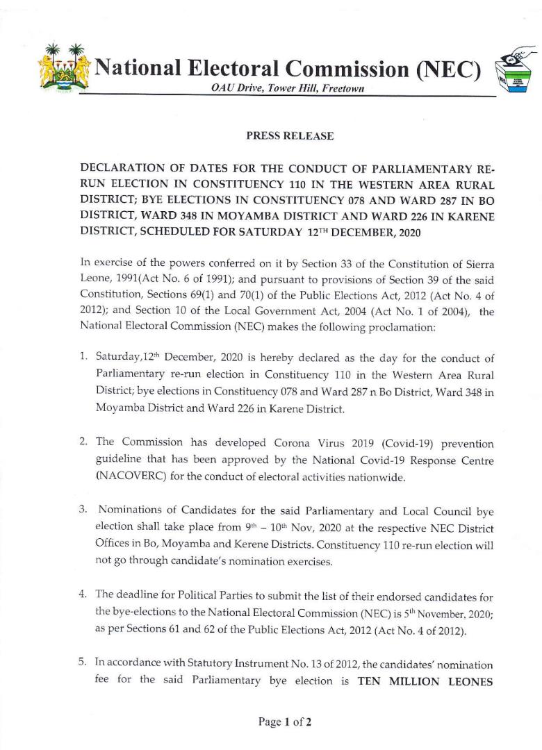 @NECsalone announces dates for rerun elections in constituency 110 in #Freetown and bye elections in other constituencies in Bo, Moyamba and Karene as well as paramount chieftaincy elections. #SierraLeone #SaloneTwitter https://t.co/5KDjVIgdZR