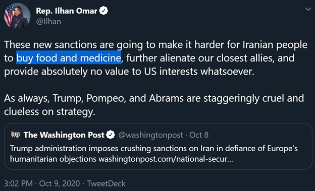 30)After debunking lies about U.S. sanctions depriving Iran of food & medicine, look at who pushes Iran’s talking points & lies. @IlhanMN @SenSanders @ChrisMurphyCT @brhodes And yet its interesting that Iranian regime officials & state media say otherwise. 